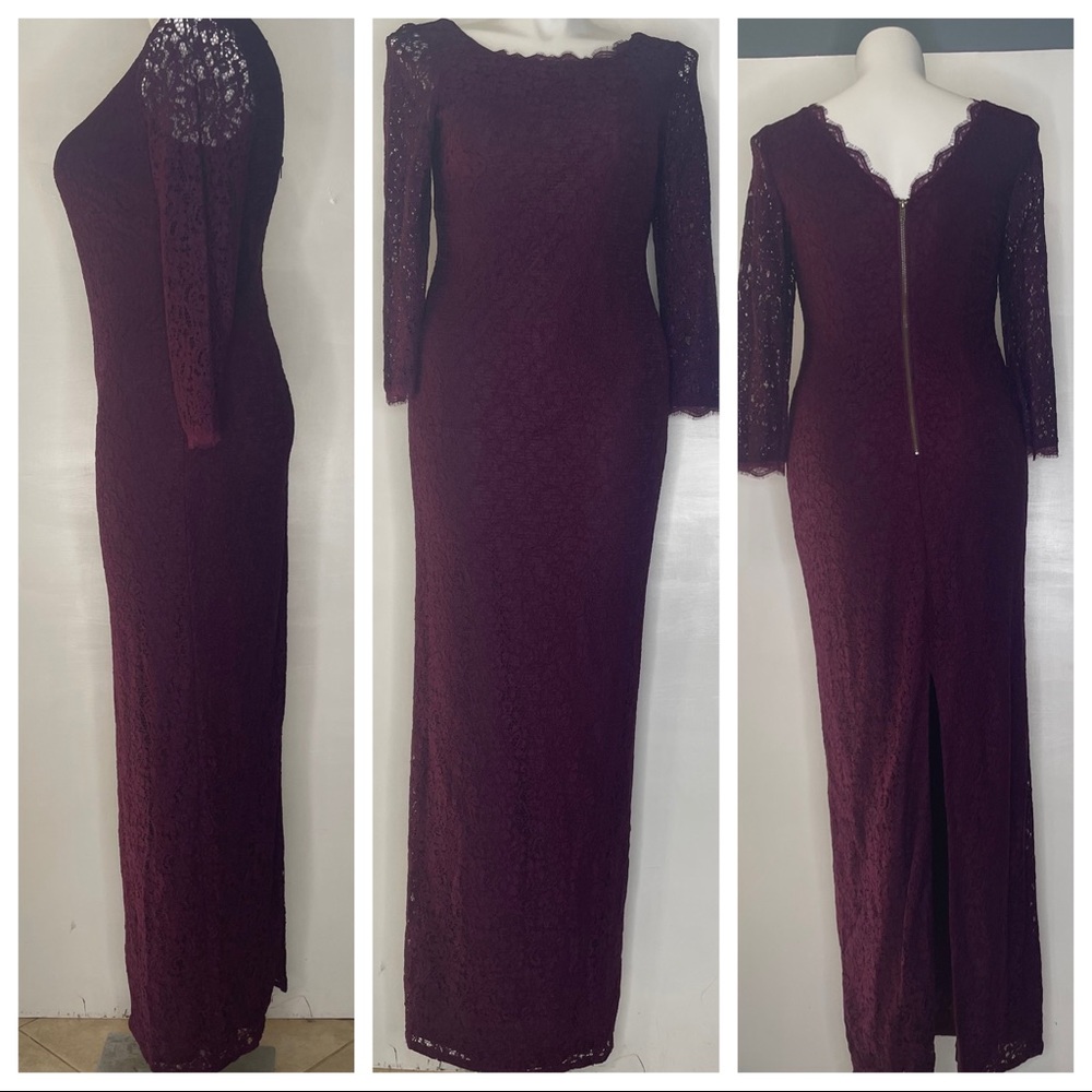 Adrianna Papell Burgundy Lace Long Sleeve Evening Gown